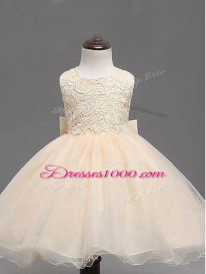 Flirting Champagne Scoop Neckline Lace and Bowknot Flower Girl Dresses for Less Sleeveless Backless