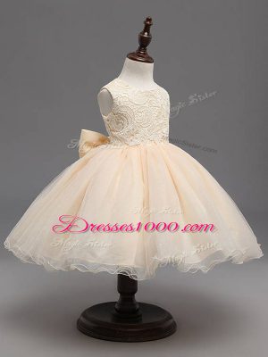 Flirting Champagne Scoop Neckline Lace and Bowknot Flower Girl Dresses for Less Sleeveless Backless
