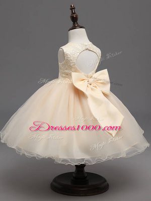 Flirting Champagne Scoop Neckline Lace and Bowknot Flower Girl Dresses for Less Sleeveless Backless