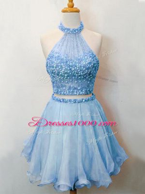 Lovely Blue Two Pieces Organza Halter Top Sleeveless Beading Knee Length Lace Up Bridesmaid Dress