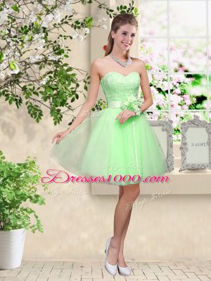 Top Selling Tulle Lace Up Sweetheart Sleeveless Knee Length Bridesmaid Dresses Lace and Belt