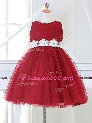 New Arrival Ball Gowns Flower Girl Dresses Wine Red Scoop Tulle Sleeveless Knee Length Zipper
