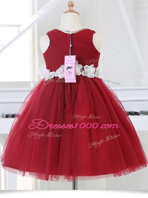 New Arrival Ball Gowns Flower Girl Dresses Wine Red Scoop Tulle Sleeveless Knee Length Zipper