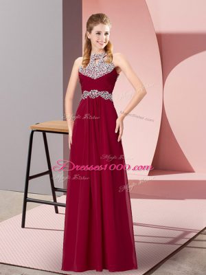Stunning Floor Length Burgundy Homecoming Dress Chiffon Sleeveless Beading and Ruching