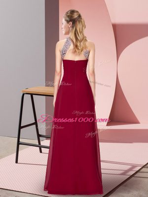 Stunning Floor Length Burgundy Homecoming Dress Chiffon Sleeveless Beading and Ruching