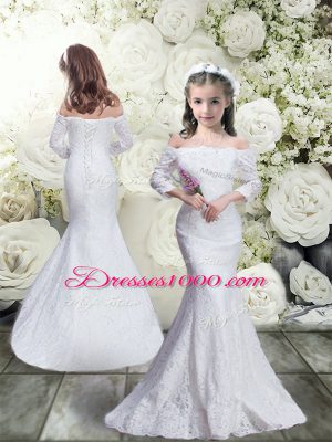White 3 4 Length Sleeve Lace Brush Train Lace Up Quinceanera Gown for Wedding Party