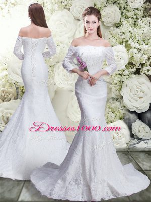 White 3 4 Length Sleeve Lace Brush Train Lace Up Quinceanera Gown for Wedding Party