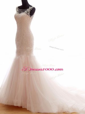 Stylish Tulle Sleeveless Wedding Gown Brush Train and Lace