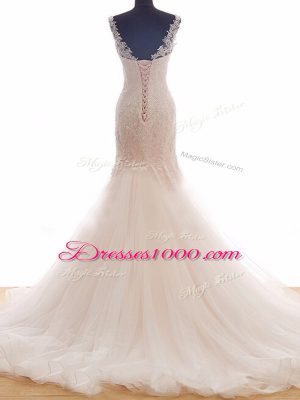 Stylish Tulle Sleeveless Wedding Gown Brush Train and Lace