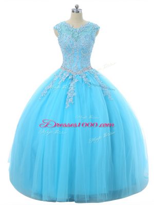Cheap Aqua Blue Lace Up Scoop Appliques Sweet 16 Dress Tulle Sleeveless