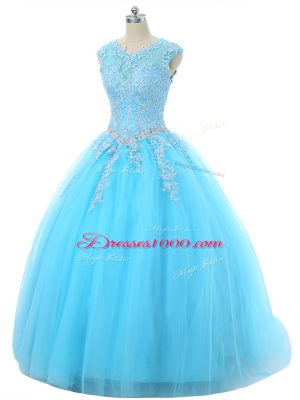 Cheap Aqua Blue Lace Up Scoop Appliques Sweet 16 Dress Tulle Sleeveless