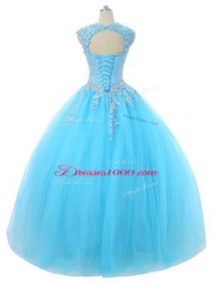 Cheap Aqua Blue Lace Up Scoop Appliques Sweet 16 Dress Tulle Sleeveless