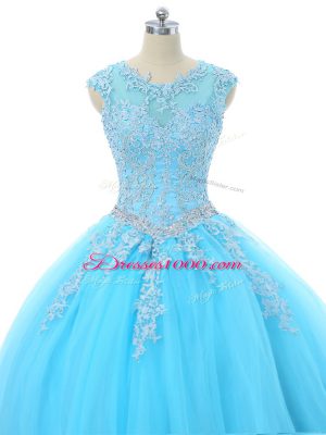 Cheap Aqua Blue Lace Up Scoop Appliques Sweet 16 Dress Tulle Sleeveless