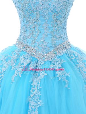 Cheap Aqua Blue Lace Up Scoop Appliques Sweet 16 Dress Tulle Sleeveless