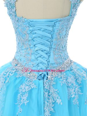 Cheap Aqua Blue Lace Up Scoop Appliques Sweet 16 Dress Tulle Sleeveless