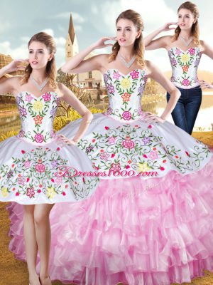 Glamorous Floor Length Three Pieces Sleeveless Rose Pink Ball Gown Prom Dress Lace Up