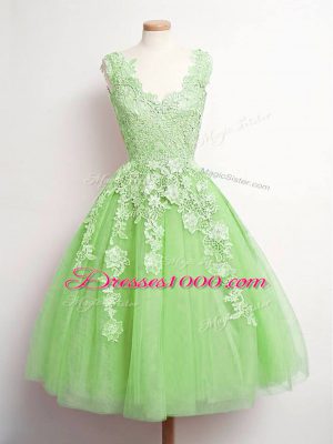 A-line Bridesmaid Gown V-neck Tulle Sleeveless Knee Length Lace Up