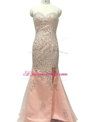 Peach Sleeveless Tulle Sweep Train Zipper Juniors Evening Dress for Prom and Party and Military Ball and Sweet 16