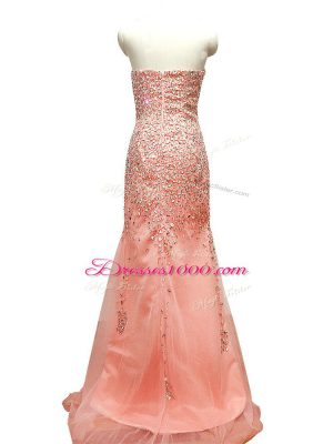 Peach Sleeveless Tulle Sweep Train Zipper Juniors Evening Dress for Prom and Party and Military Ball and Sweet 16