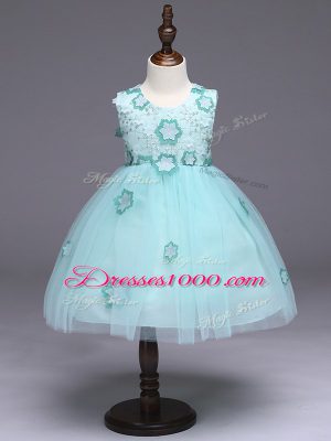 Fantastic Tulle Scoop Sleeveless Zipper Appliques and Bowknot Flower Girl Dresses in Apple Green