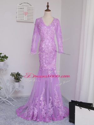 Romantic Lilac Mermaid V-neck Long Sleeves Tulle Brush Train Side Zipper Lace and Appliques Mother Dresses