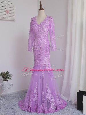 Romantic Lilac Mermaid V-neck Long Sleeves Tulle Brush Train Side Zipper Lace and Appliques Mother Dresses