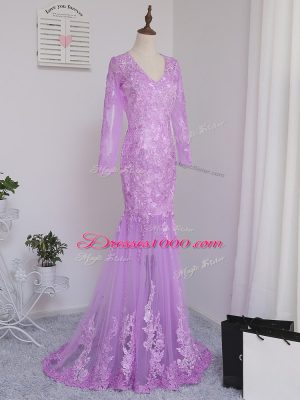 Romantic Lilac Mermaid V-neck Long Sleeves Tulle Brush Train Side Zipper Lace and Appliques Mother Dresses