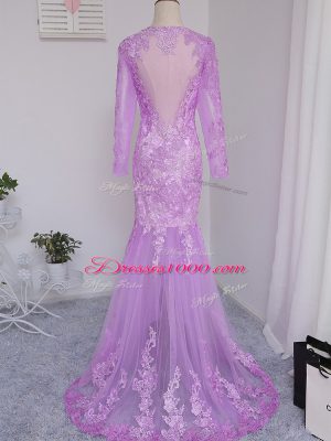 Romantic Lilac Mermaid V-neck Long Sleeves Tulle Brush Train Side Zipper Lace and Appliques Mother Dresses