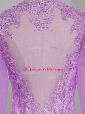 Romantic Lilac Mermaid V-neck Long Sleeves Tulle Brush Train Side Zipper Lace and Appliques Mother Dresses