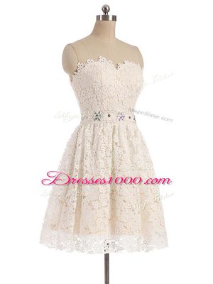 Artistic Champagne A-line Sweetheart Sleeveless Tulle Mini Length Zipper Beading and Lace Prom Gown