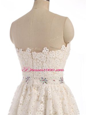 Artistic Champagne A-line Sweetheart Sleeveless Tulle Mini Length Zipper Beading and Lace Prom Gown