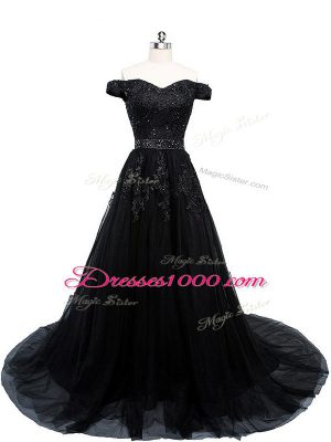 Custom Designed Black Dress for Prom Prom and Military Ball and Sweet 16 with Beading and Lace and Appliques Off The Shoulder Sleeveless Brush Train Lace Up