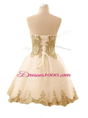 Champagne Lace Up Prom Evening Gown Appliques Sleeveless Mini Length