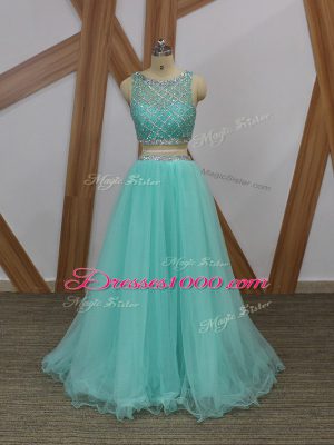 Two Pieces Prom Dresses Apple Green Scoop Tulle Sleeveless Floor Length Side Zipper