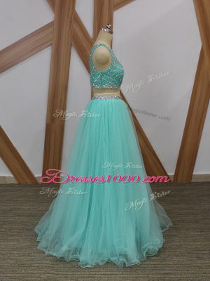Two Pieces Prom Dresses Apple Green Scoop Tulle Sleeveless Floor Length Side Zipper