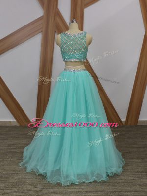 Two Pieces Prom Dresses Apple Green Scoop Tulle Sleeveless Floor Length Side Zipper