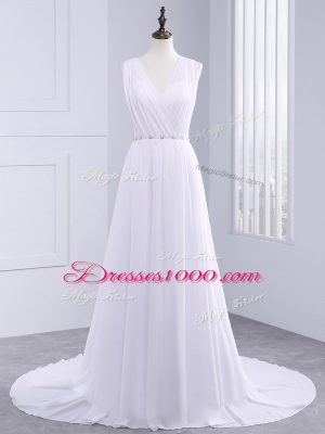 Attractive Backless Wedding Dress White for Beach and Wedding Party with Beading and Ruching Brush Train