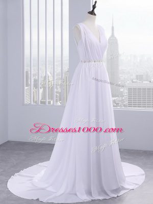 Attractive Backless Wedding Dress White for Beach and Wedding Party with Beading and Ruching Brush Train