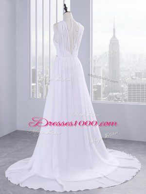 Attractive Backless Wedding Dress White for Beach and Wedding Party with Beading and Ruching Brush Train