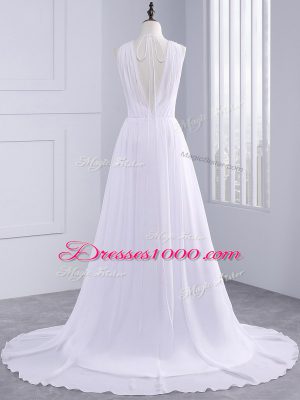 Attractive Backless Wedding Dress White for Beach and Wedding Party with Beading and Ruching Brush Train