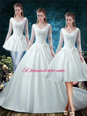 White Bridal Gown V-neck 3 4 Length Sleeve Court Train Lace Up