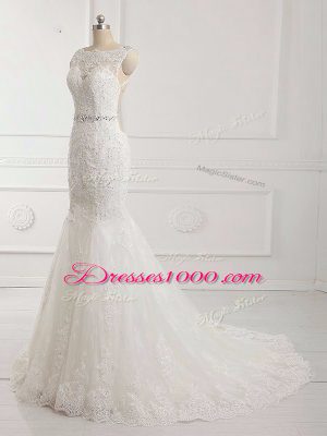 High End White Backless Scalloped Beading and Lace and Appliques Bridal Gown Tulle Sleeveless Brush Train