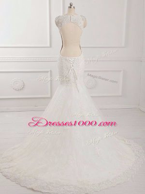 High End White Backless Scalloped Beading and Lace and Appliques Bridal Gown Tulle Sleeveless Brush Train