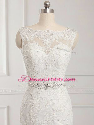 High End White Backless Scalloped Beading and Lace and Appliques Bridal Gown Tulle Sleeveless Brush Train