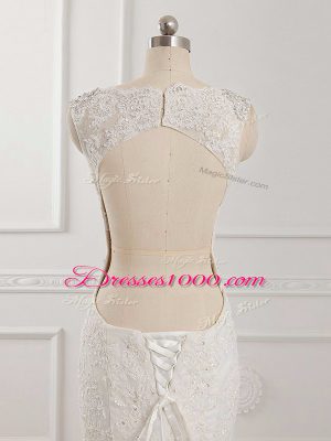 High End White Backless Scalloped Beading and Lace and Appliques Bridal Gown Tulle Sleeveless Brush Train