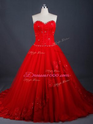 Enchanting Red Lace Up Wedding Dresses Appliques Sleeveless Brush Train