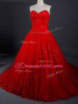 Enchanting Red Lace Up Wedding Dresses Appliques Sleeveless Brush Train