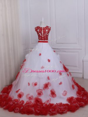 Suitable White And Red Tulle Zipper Wedding Gown Sleeveless Brush Train Appliques
