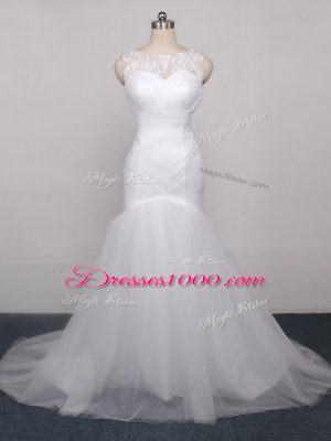 Unique White Sleeveless Brush Train Lace and Appliques and Ruching Wedding Dress