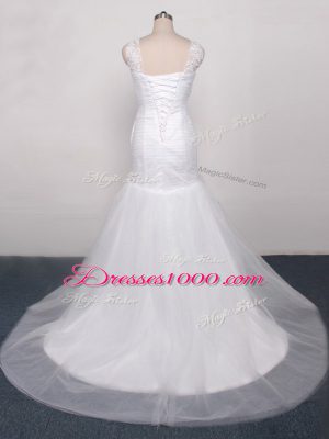 Unique White Sleeveless Brush Train Lace and Appliques and Ruching Wedding Dress